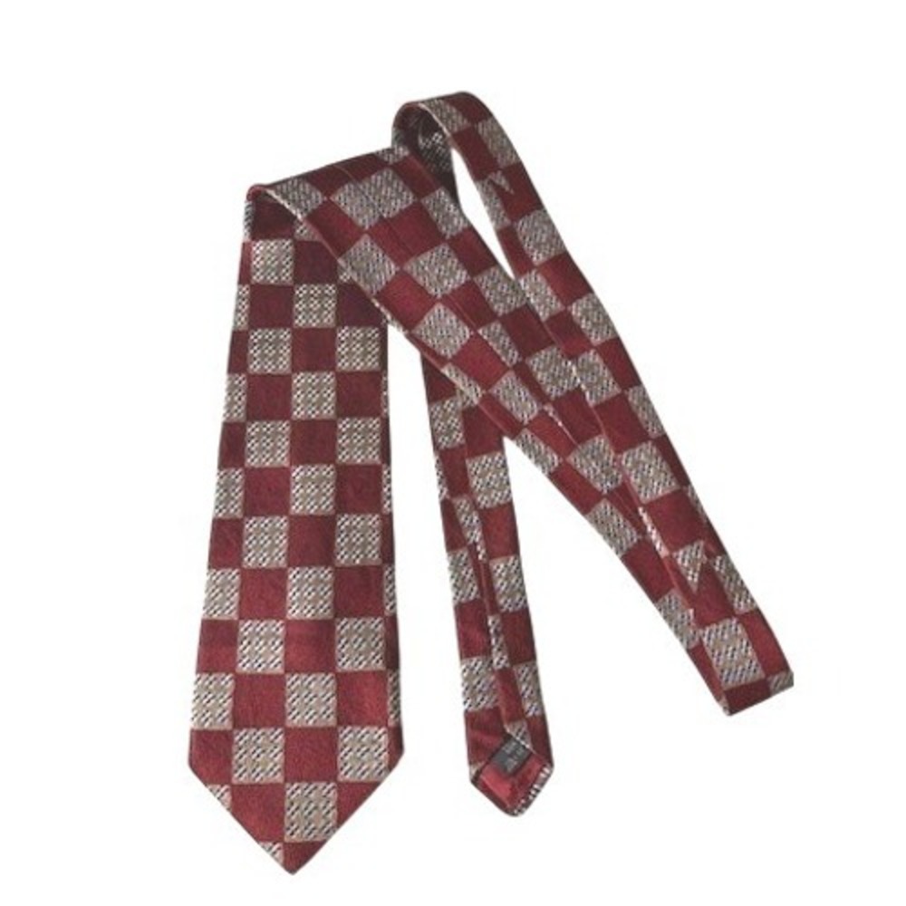 Ermenegildo Zegna Mens Silk Tie Burg Red Tan Check Geometric Luxury Career
